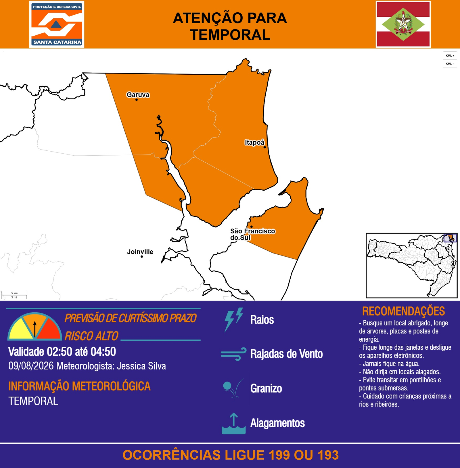 ATENÇÃO – 09/08 02:50 – TEMPORAL com RAIOS, RAJADAS DE VENTO, GRANIZO e ALAGAMENTOS nas próximas 2 horas